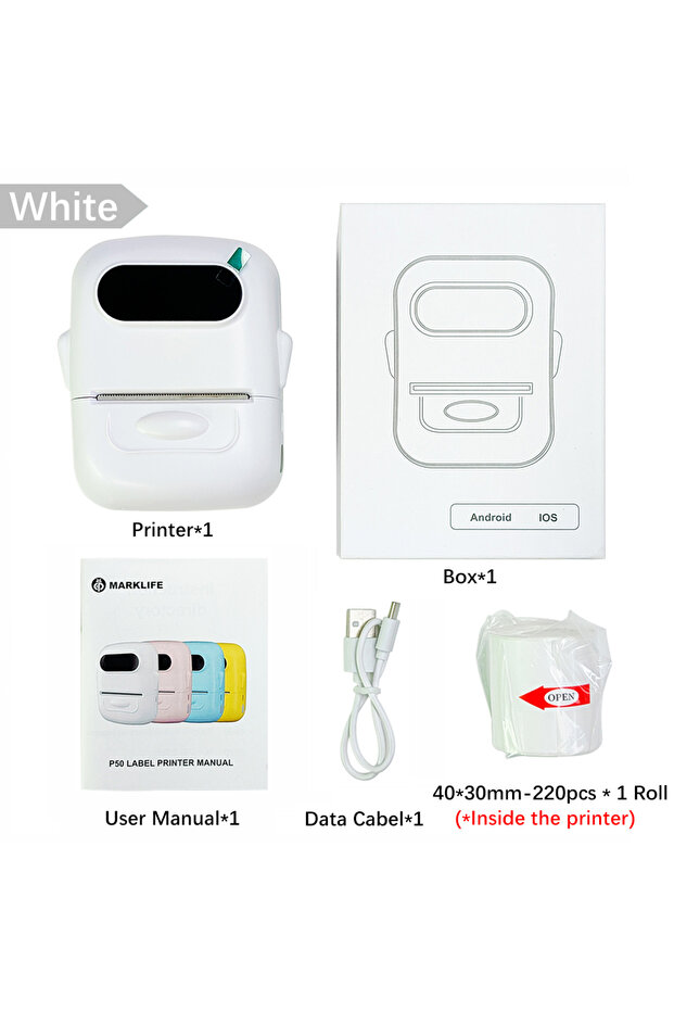 White Standard Set Marklife P50 Mini Label Printer Support 12-50mm Labels Portable Self-adhesive The