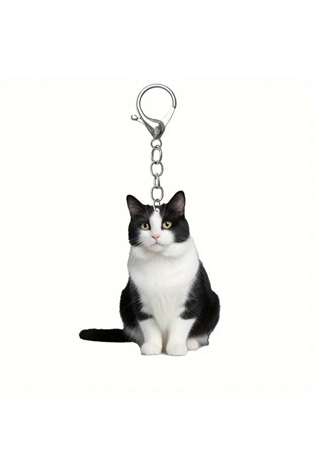 2 1pc, Black and White Cat Keychain, 2D Acrylic Cat Pendant,Double-Sided Design, Animal Key Ring Ch.