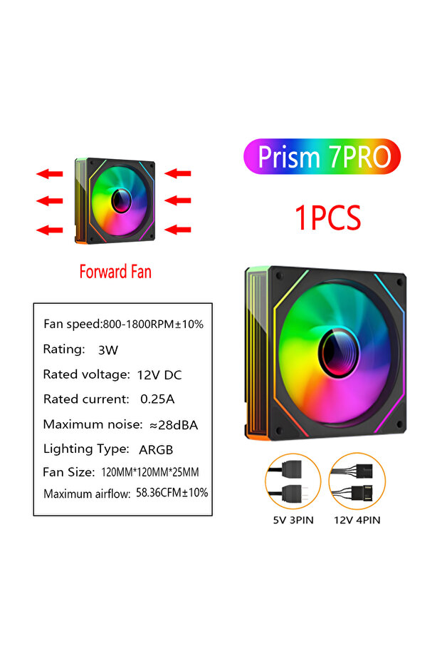 A-RGB WHITE Black Forward 1PCS PRISM 7 PRO Computer Case Fan 120mm ARGB 4-Pin PWM Silent Cooling Fan