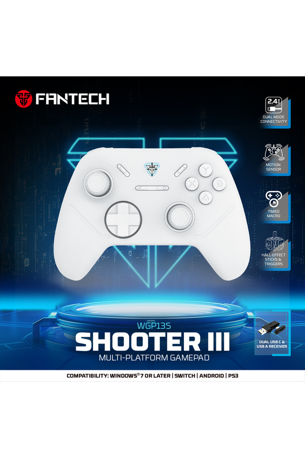 وحدة تحكم الألعاب اللاسلكية WHITE FANTECH SHOOTER III WGP13S مع مشغلات Hall-Effect وجهاز التحكم عن بعد