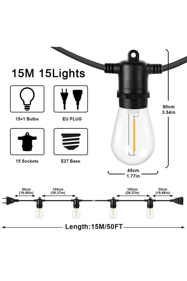 سلسلة أضواء LED خارجية S14 بطول 15 متر و15 مصباحًا، قابلة للتعتيم وقابلة للتوصيل، مقاومة للكسر، تعمل بجهد 220 فولت مع قابس أوروبي