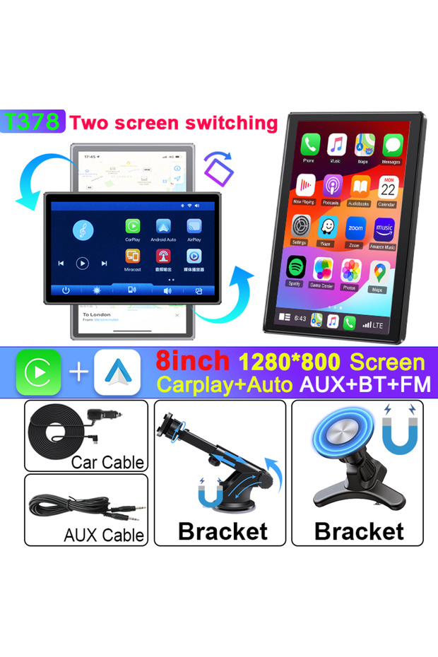 شاشة سيارة عالمية قابلة للدوران محمولة مقاس 8 بوصات، تدعم Carplay لاسلكيًا، وAndroid Auto، وWIFI Mir