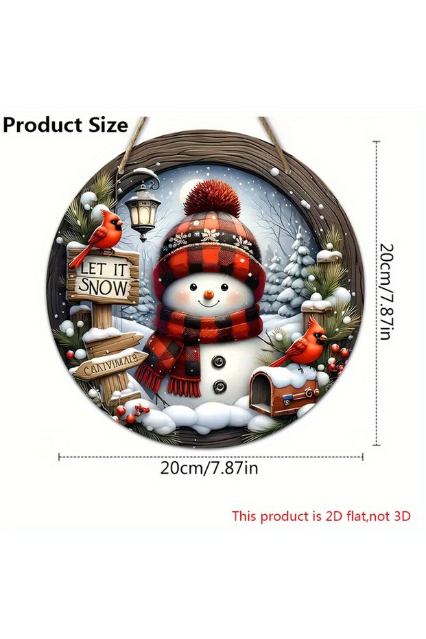 Red Christmas Snowman Cardinal Wooden Sign 2D Relief Effect of Christmas Round Sign for Front Door W