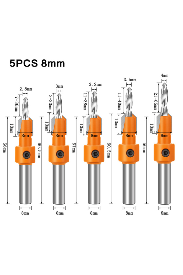 5PCS 8MM A Set Of Woodworking Counterbore Drill Screw On Alloy Head Step Drill Wood Self-Tapping Scr