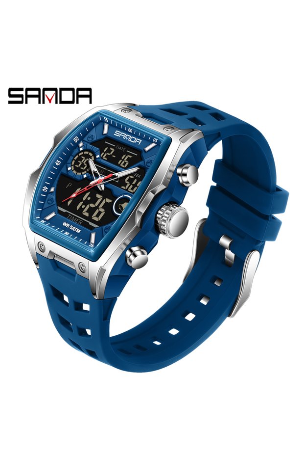 Blue Silver Sanda 6235 Top Brand Men Electronic Watch Big Dial Sports Led Analog Digital Chronograph