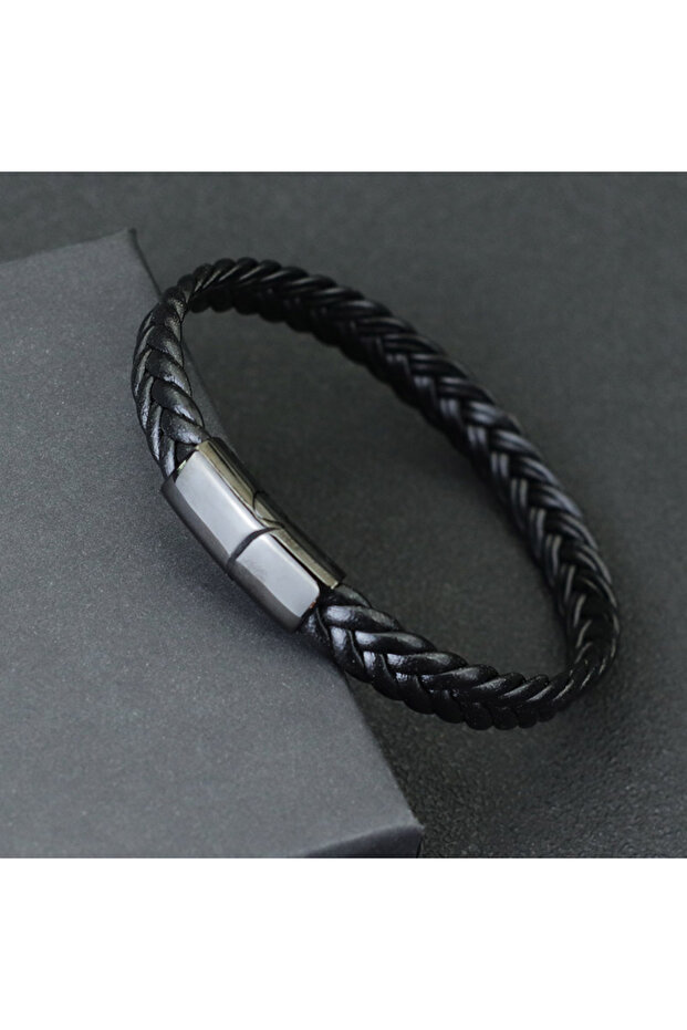 L 20.5cm 8Inch BlackBlack New Men Leather Bracelet Unfading Stainless Steel Braclet For Hombre Surf