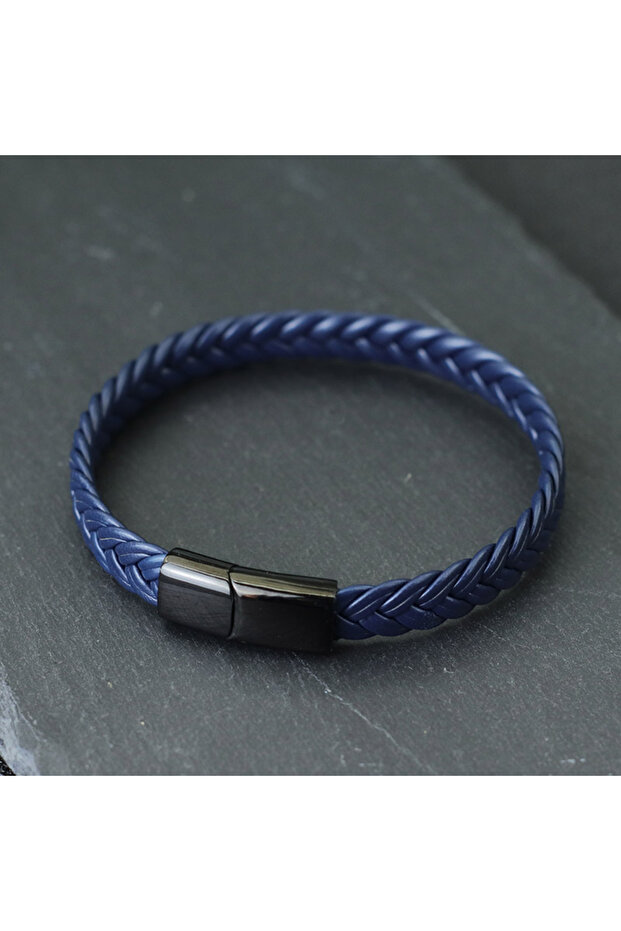 L 20.5cm 8Inch BlueBlack New Men Leather Bracelet Unfading Stainless Steel Braclet For Hombre Surf C