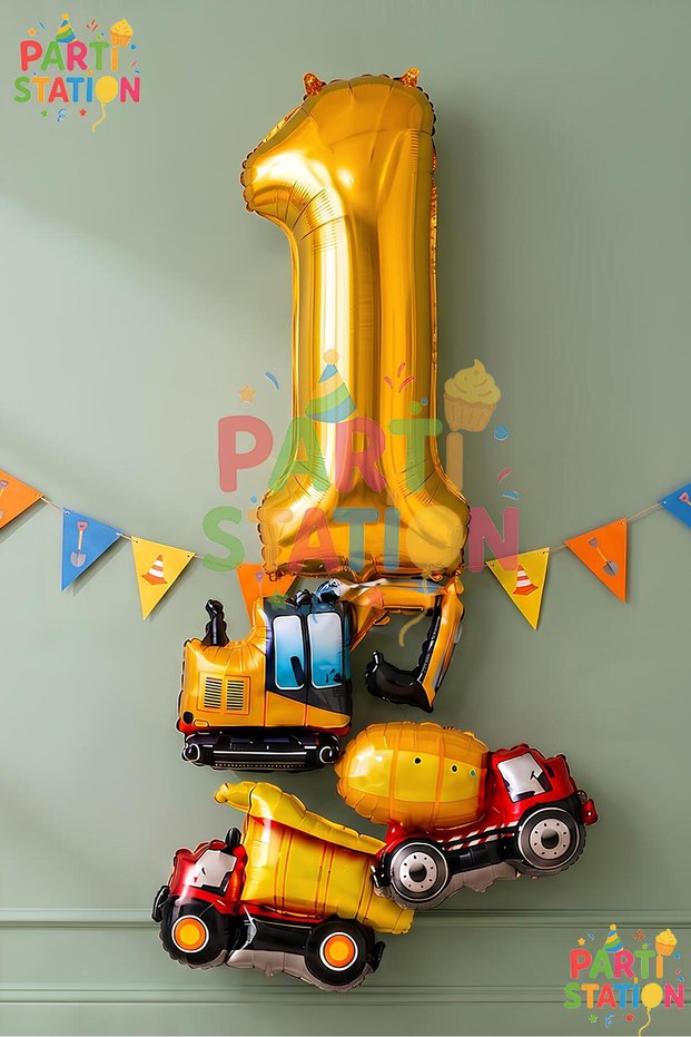 Gold Color Number Balloon Small Size Construction Balloon 1 Year Old Construction Truck Concept Birthday Balloon Set