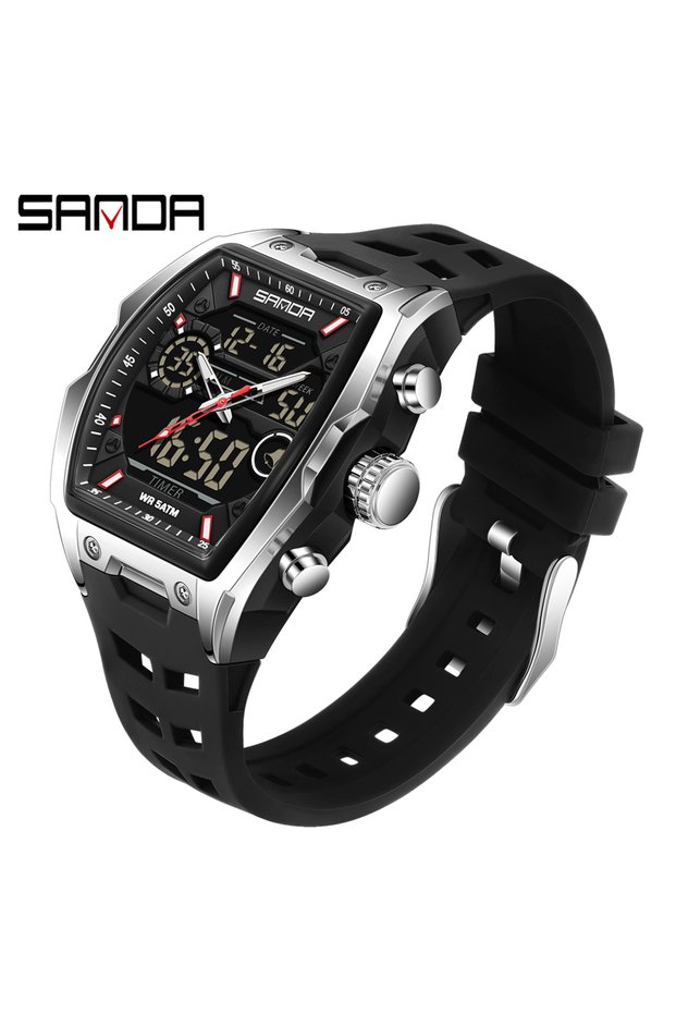 Black Silver Sanda 6235 Top Brand Men Electronic Watch Big Dial Sports Led Analog Digital Chronograp