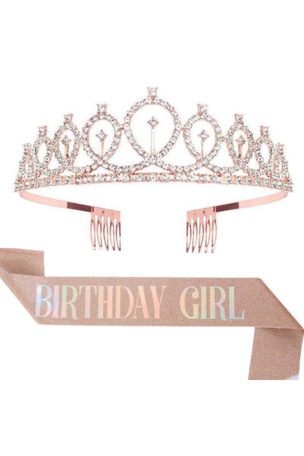 rose gold-AB Birthday Tiara Crown Sash Birthday Girl Women Girls Party Decoration Favor Gifts Suitab