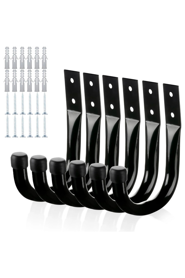 Black 6pcs G5337A Garage Gardening Hollow Round Tube Metal Hook Set, Warehouse Tool Storage, J-Shape