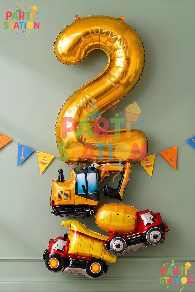 Golden Color Number Balloon Small Size Construction Balloon 2 Year Old Construction Truck Concept Birthday Balloon Set