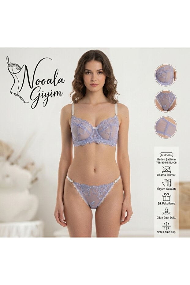 Women's Embroidered Transparent Tulle Underwire Lingerie Set - Floral Elegance Series