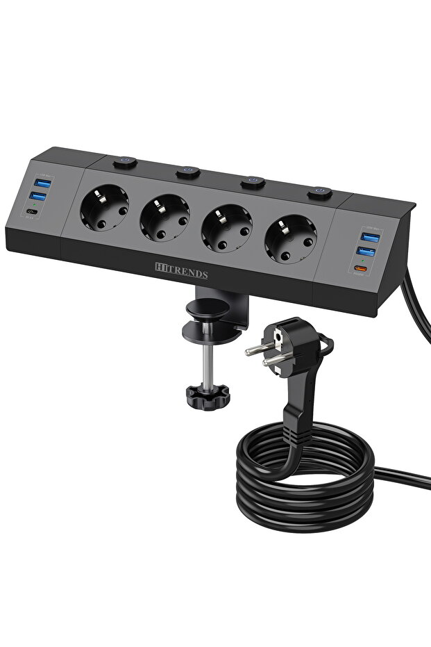 250V EU 4 black Eu Multi-plug power strip with desktop clamping device pull ring plug 4 USB-A and 2