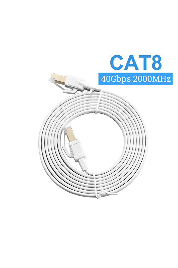 كابل إيثرنت Cat8 أبيض بطول 5 أمتار، كابل شبكة محلية مسطح عالي السرعة RJ45 40 جيجابت في الثانية لجهاز التوجيه الشبكي المنزلي