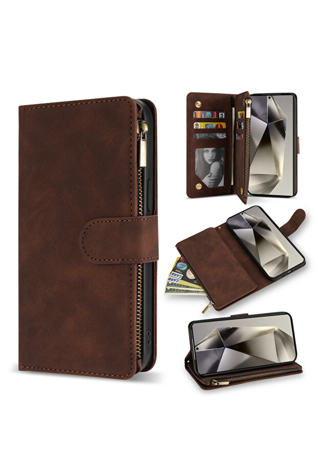 Galaxy S23 Plus Case & Strap Coffee Wallet Multi-card Zipper Kickstand Magnetic Flip Leather Case Fo