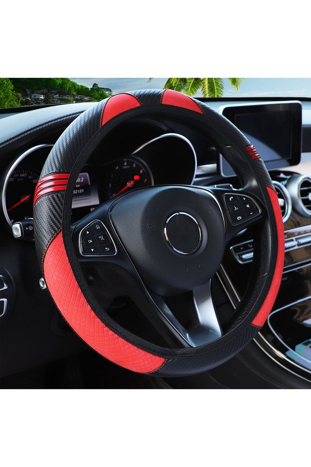Red PU Leather Little Monster Steering Wheel Cover, Rimless Car Decoration Item, Elastic Fit for 14.