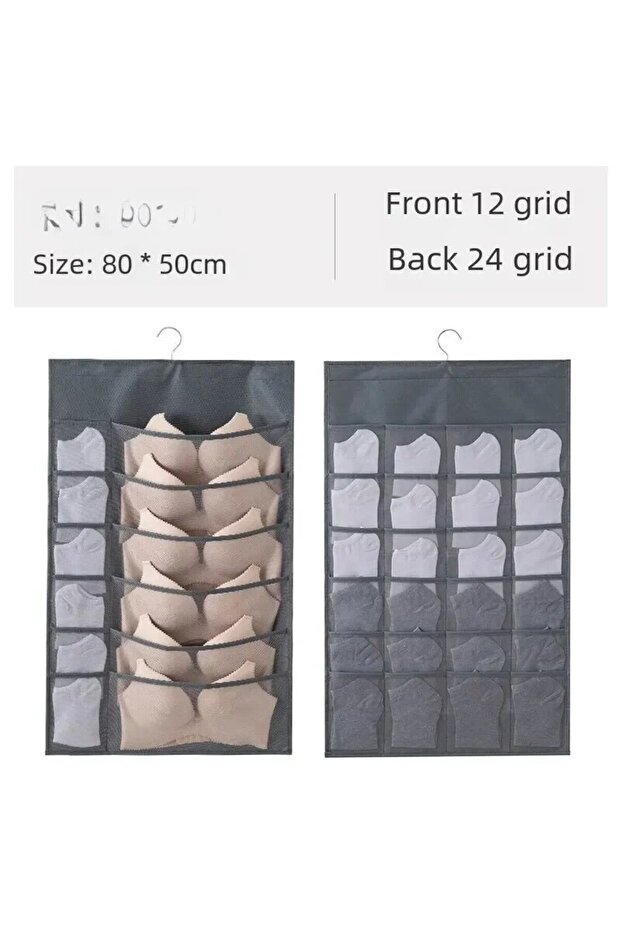 12 front 24 gray on 2-sided Hanging Storage Bag Underwear Socks Bras Home Use Wardrobe Hanging Bag P