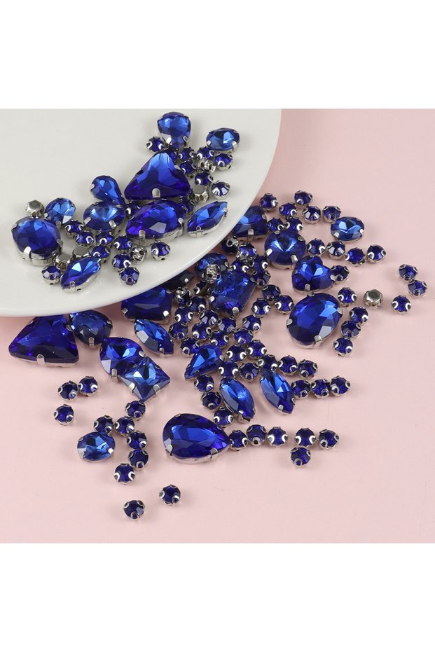 130pcs Royal Blue Sew on Rhinestones, 130 pcs Sew on Glass Rhinestones White Background, Back Prong