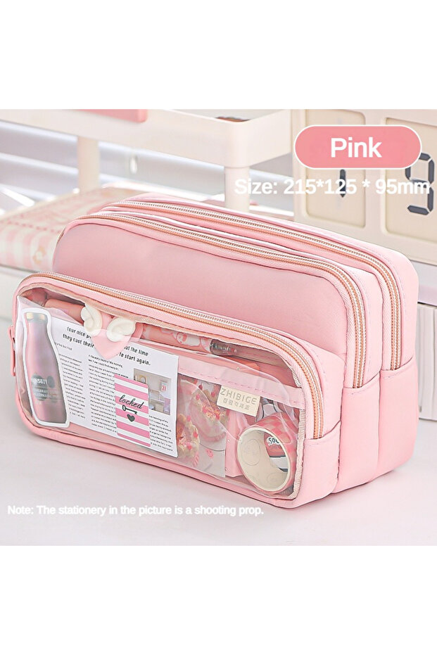 Pink Exquisite Transparent Pencil Case Student Large Capacity Multifunctional Convenient Stationery