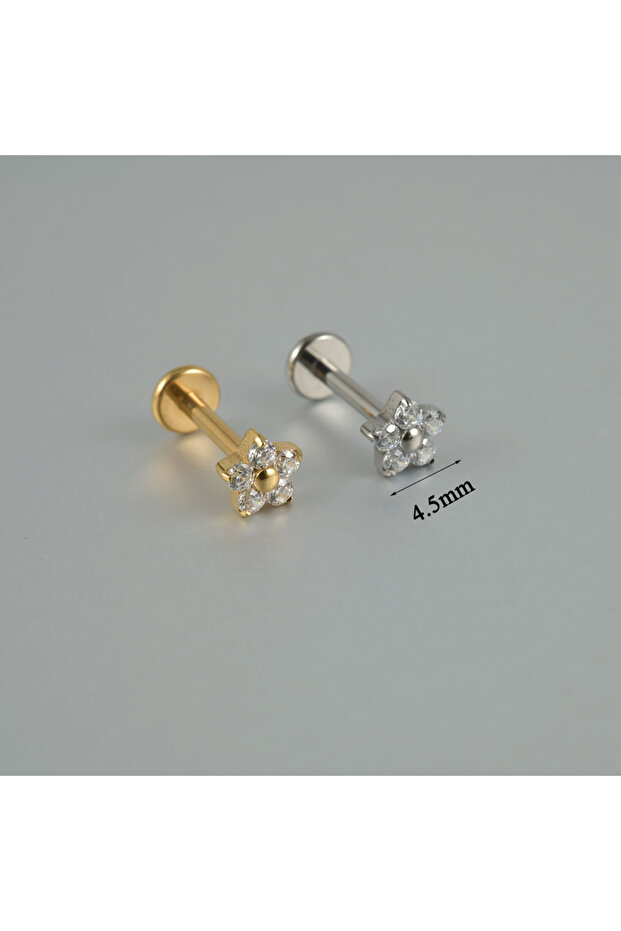 Silver Style 1-Flower 1PC ASTM F136 Titanium Zircon Labret Flat Back Lobe Helix Tragus Moon Cross Ea