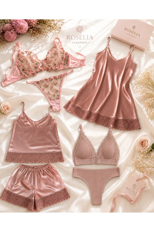 4 Piece Women's Dowry Set Satin Nightgown, Pajamas with Shorts, Lace Bra Panties and Cotton Bra Panties Set