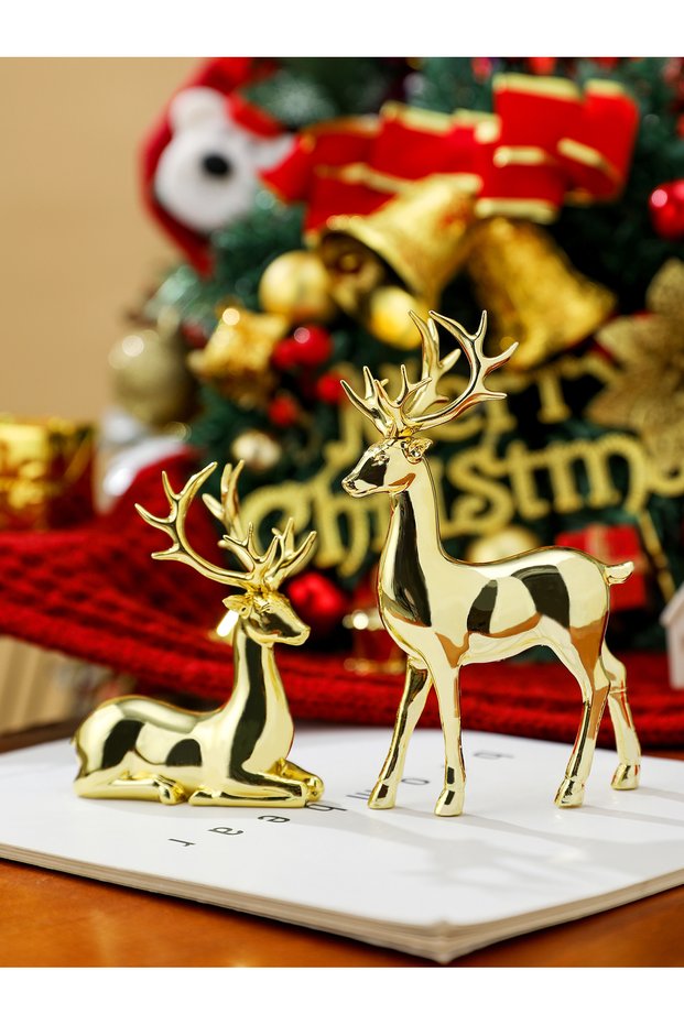 Gold A 2 Pcs Reindeer Christmas Table Decoration for Home Indoor Xmas Holiday Small Statue Rustic Ta
