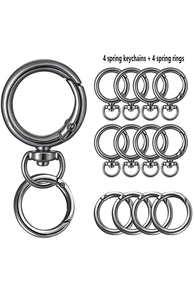 8PCS black 8-Piece Keychain Set with Metal Key Ring, Carabiner Clip & Spring Hook. Great for Handbag