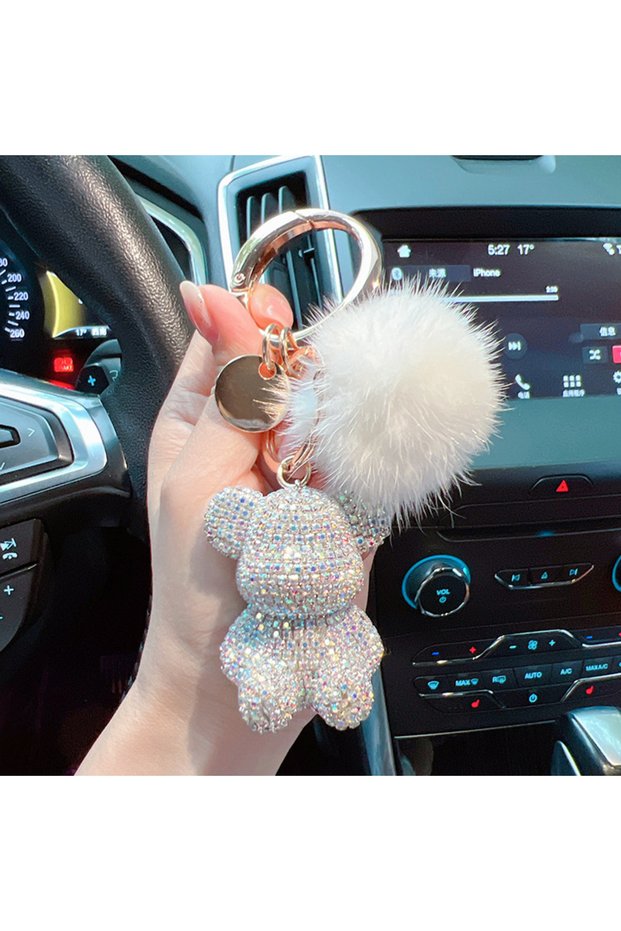 WHITE New Fashion Full Diamond Sitting Bear Key Chain Creative Mink Hair Car Key Chain Cute Bag Pend
