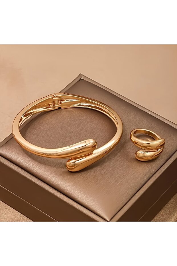 Golden 1 Punk Simple Water Drop Shaped Open Spring Bracelet Women's Fashion Smooth Water Drop Ring E