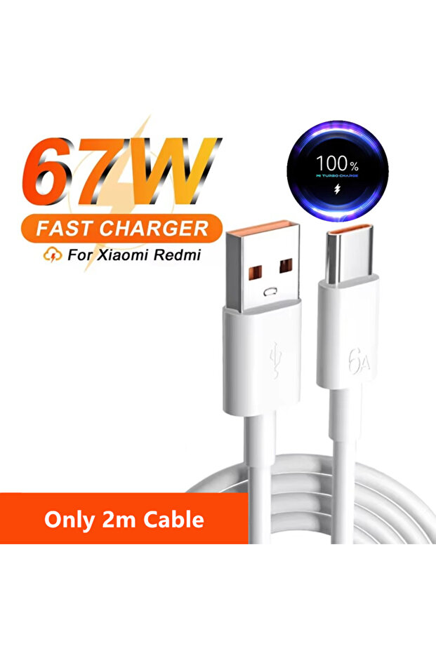 Only 2m Cable 6A 67W Ultra Fast Charger Cable for Xiaomi 10T 11 Lite 12 13 14 Redmi Note 10 11T 12T