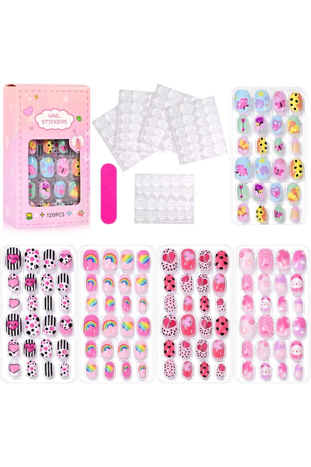 4 120Pcs Cartoon Children Fake Nails Kawaii Straberry Flower Press on Nail Short Square False Nail T