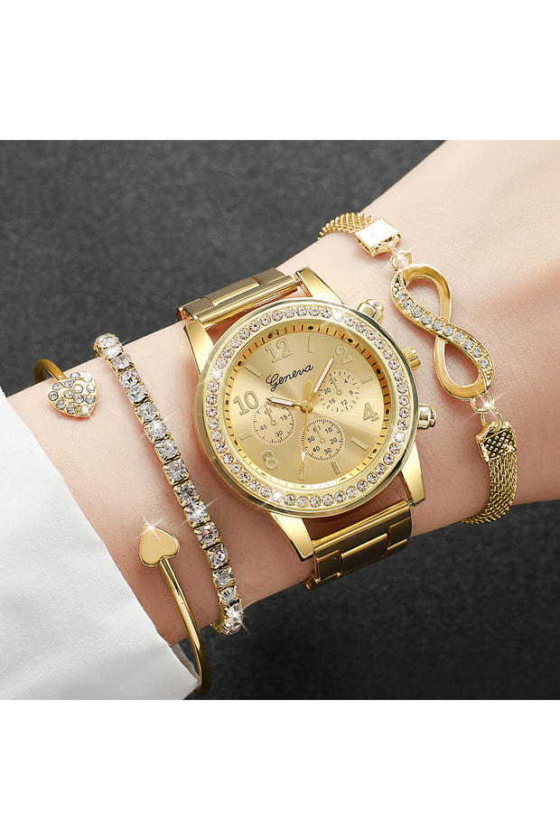4PCS set Without Box 4PCS/Set Fashion Rhinestone Women Watches Luxury Steel Band Ladies Quartz Watch