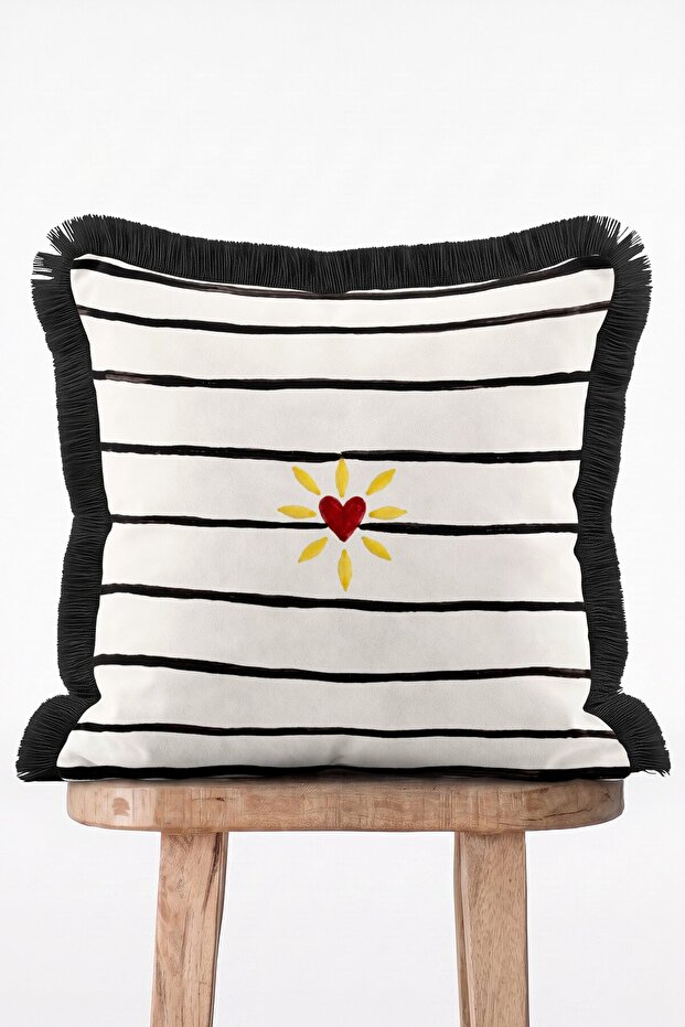 Black and White Striped Fringed Throw Pillow Cover with Red Heart and Yellow Sun Motif