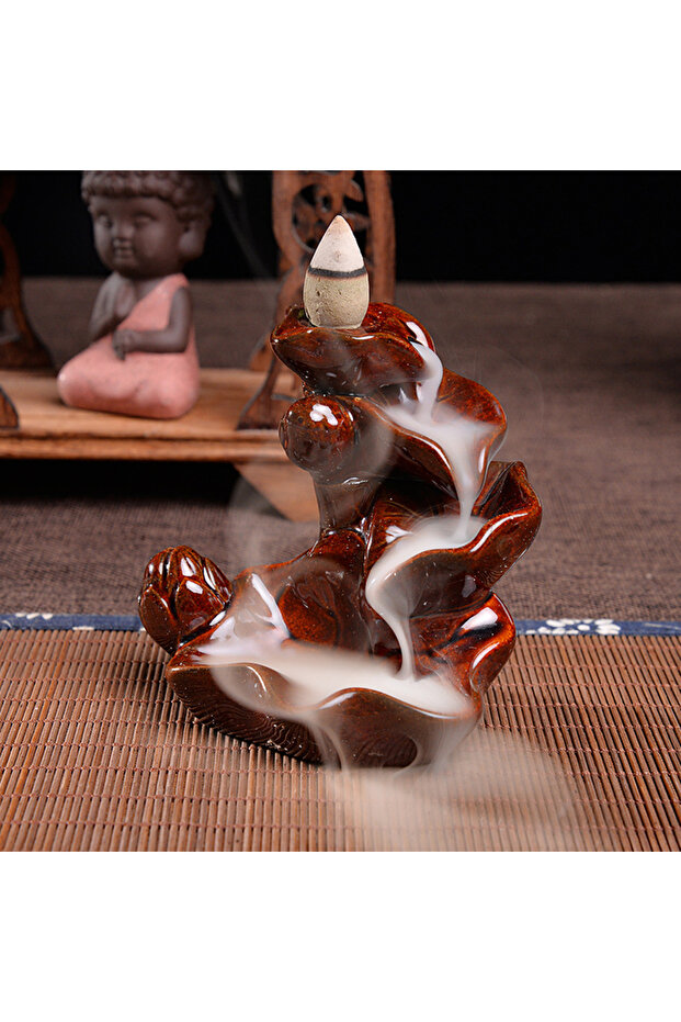 AR Black Ceramics Backflow Incense Burner Small Buddha Hand Red Lotus Censer Sandalwood Cone Incense
