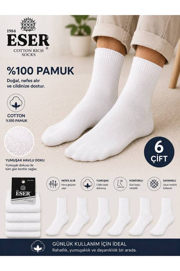 6 Pairs Unisex Cotton Sports Socks One Size White – Daily and Sports Use