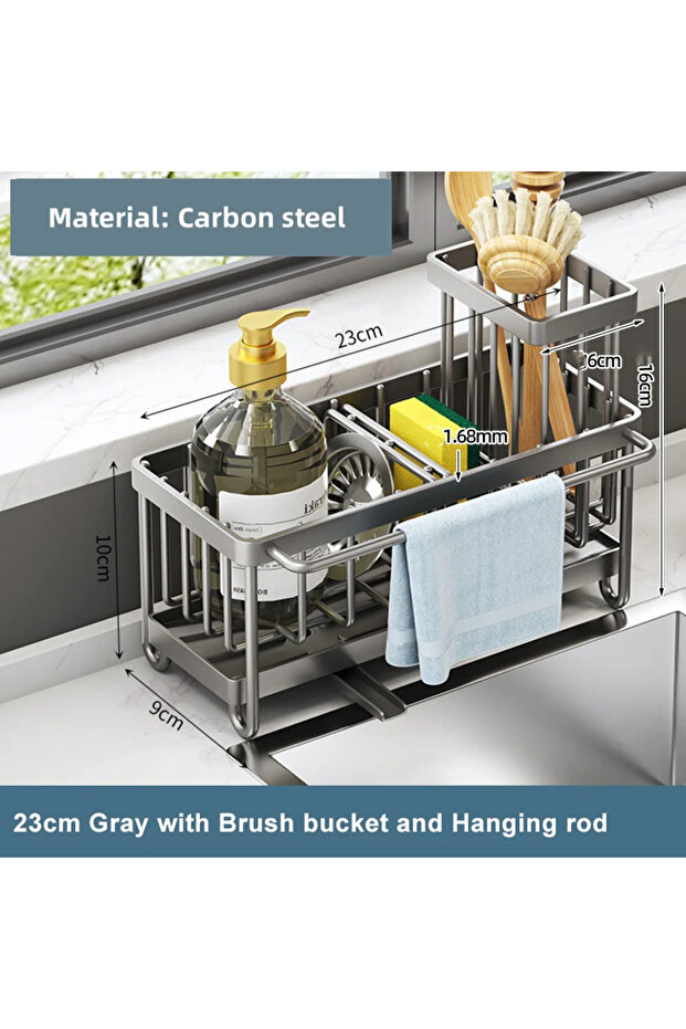 Gray-bucket-rod Carbon Steel Sink Sponge Drain Rack Multi-functional Countertop Faucet Storage Soap