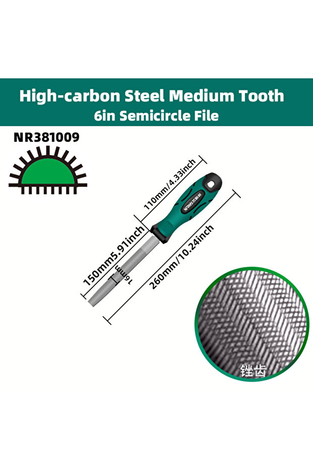 مبرد معدني نصف دائري NR381009، قطعة واحدة، 6 بوصات، مبرد احترافي من الفولاذ الكربوني مسطح/نصف دائري/مثلث الشكل
