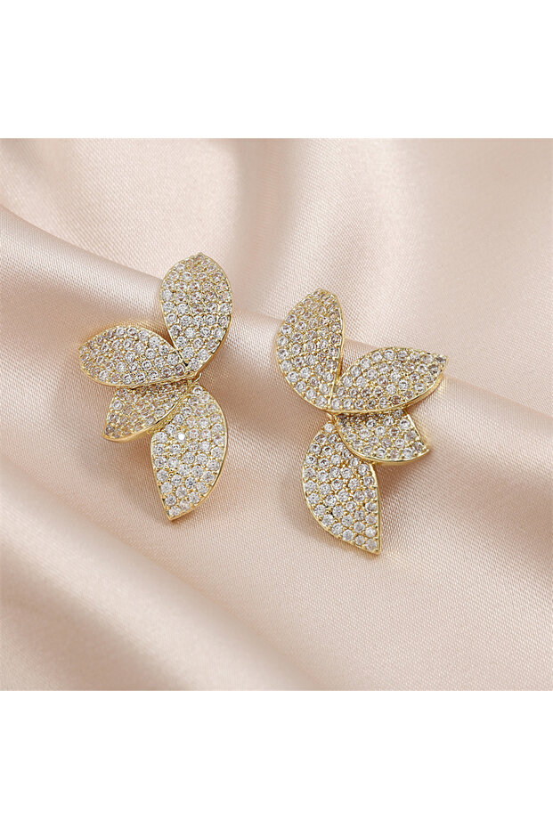 Gold Color B Luxury Shiny Micro-set Zircon Leaf Earrings for Women Exquisite AAA CZ Symmetrical Earr