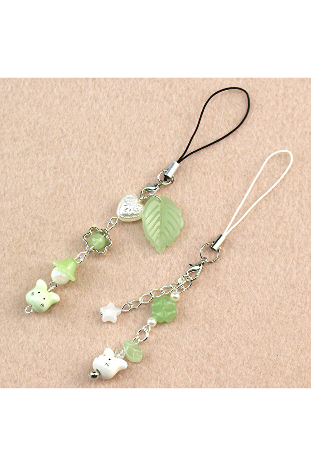 K134-set Handmade Four Leaf Clover Beaded Phone Charm Y2K Cute Cat Totoro Keychain Cybercore Cell Ph