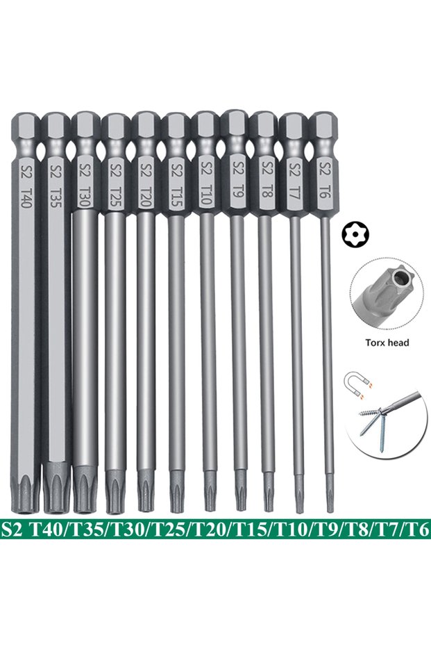 100mm 11pcs Set 11 PCS T6-T40 Torx Security Bit Set S2 Steel Magnetic Star Screwdriver Set for Shark
