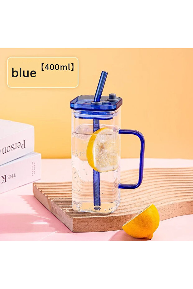350ml blue YWDL 350ml Glass Straw Cup With Lid And Straw Iced Coffee Handle Cup Drinking Mug For Jui
