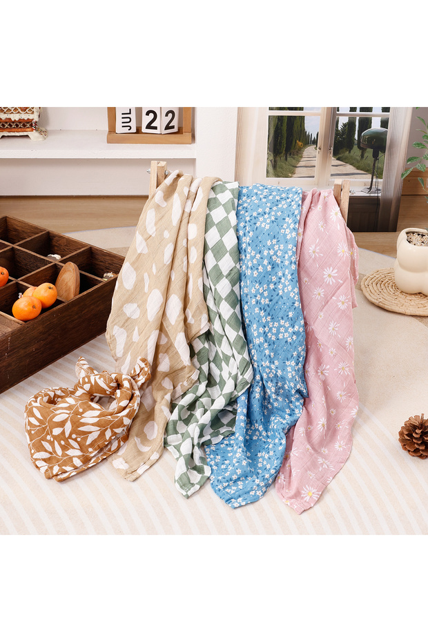 60X60cm KB010-SF05 Elinfant 5pcs Gift Set Bamboo Cotton Muslin Bib Burp Cloth 100% Cotton 60*60cm 2