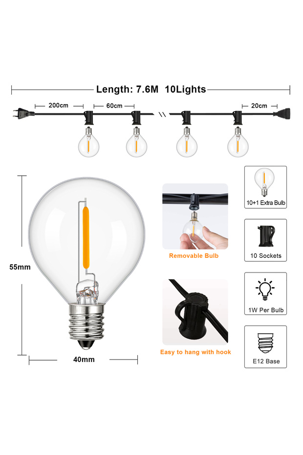 EU Plug 220V 7.6M 10Bulbs G40 Indoor Outdoor String Light E12 Socket EU plug 220V Connectable Dimmab
