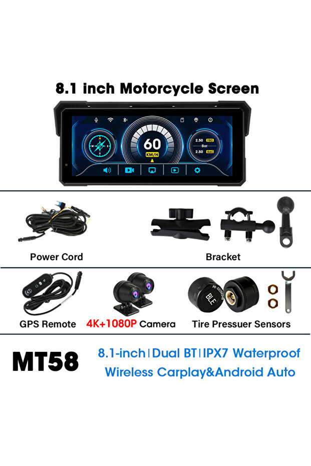 شاشة MT58-GPS-TPMS من Jansite مقاس 8.1 بوصة بدقة 4K للدراجات النارية مع كاميرا لوحة القيادة ونظام CarPlay لاسلكي ونظام Android Auto وبلوتوث