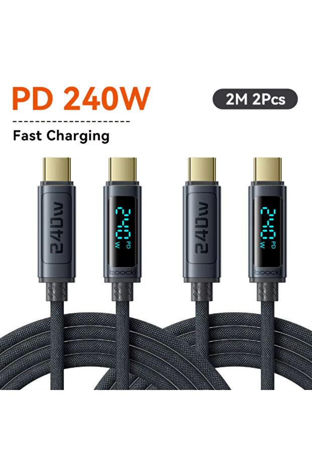 2PCS Gray 2M 240W USB C To USB C Cable PD 3.1 Fast Charging LED Display Type C Data Ca