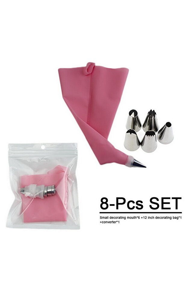 8 Pcs Pink Multifunctional Cake Decorating Tools Silicone Pastry Bag Stainless Steel Cake Mouth Reus