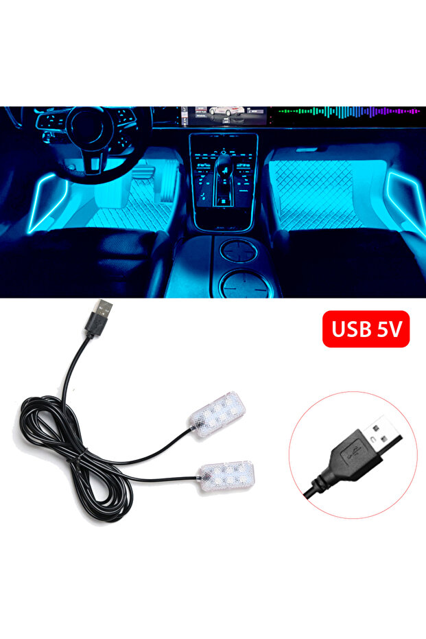 مصباح نيون أزرق ثلجي للسيارة USB 2 في 1، مصباح قدم LED، إضاءة خلفية داخلية، ولاعة سجائر USB