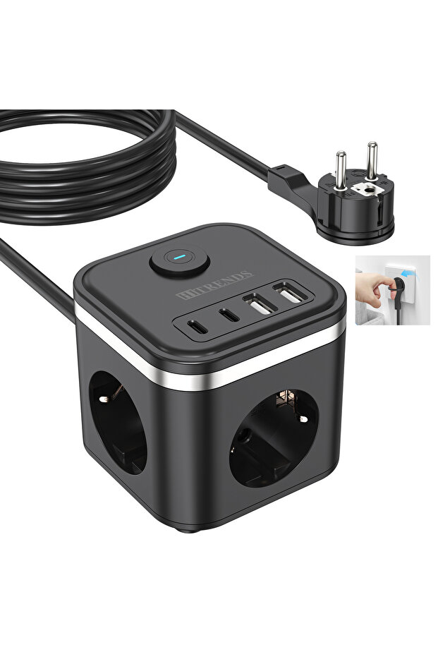 EU 3 black 2m cable 3680W EU Flat Plug Power Strip Cube with 3 AC Outlets 2 USB 2 Type C Fast Chargi