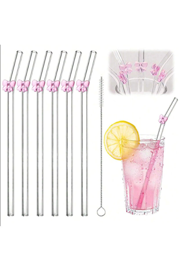 7pcs-pink 7Pcs Reusable Glass Straws, Eco-friendly Drinking Straws for Smoothies, Milkshakes, Tea, J